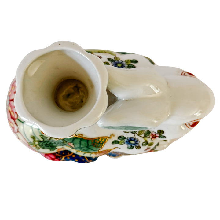 Vintage Hand-Painted Chinoiserie Tobacco Leaf Porcelain Rabbit Candlestick