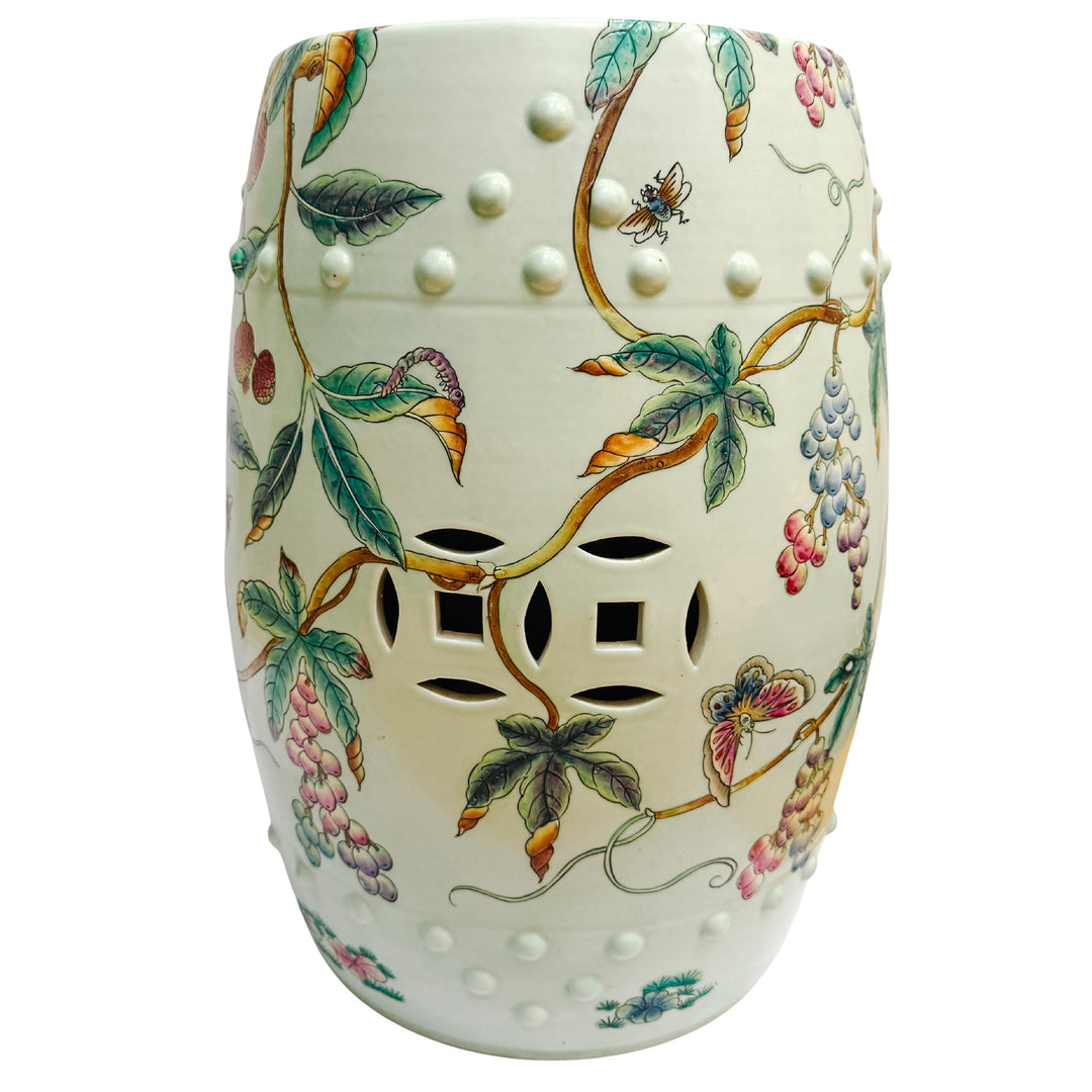 Vintage Hand-Painted Famille Rose Lychee & Grape Porcelain Garden Stool