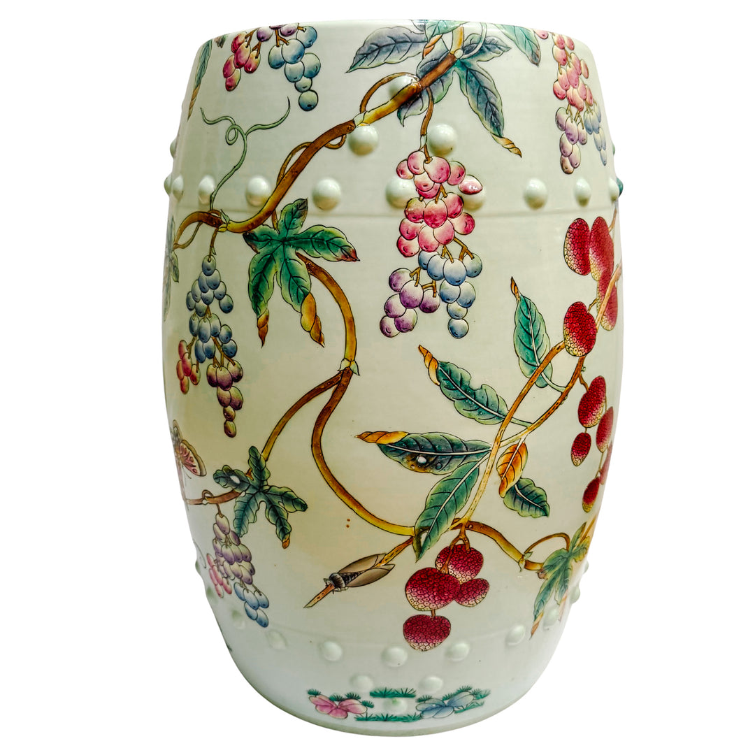 Vintage Hand-Painted Famille Rose Lychee & Grape Porcelain Garden Stool