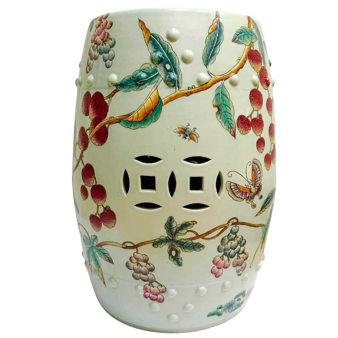 Vintage Hand-Painted Famille Rose Lychee & Grape Porcelain Garden Stool