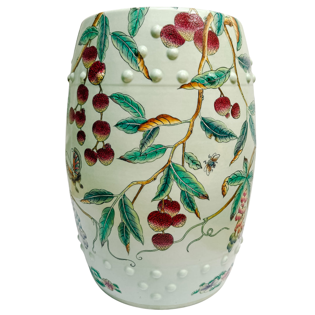Vintage Hand-Painted Famille Rose Lychee & Grape Porcelain Garden Stool