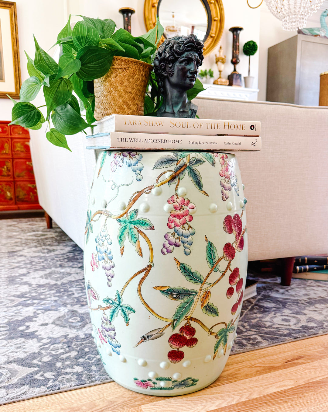 Vintage Hand-Painted Famille Rose Lychee & Grape Porcelain Garden Stool