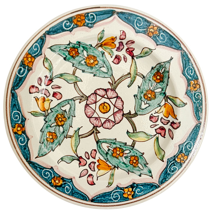 Vintage Hand-Painted Italian Earthenware Plate with Ottoman Style Floral Motif & Teal Rim