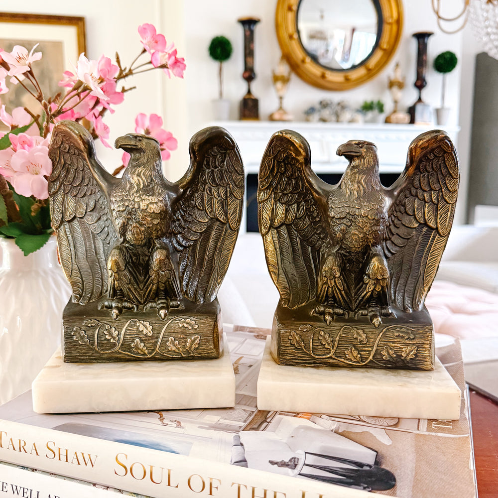 Vintage Heavy Solid Brass American Eagle Bookends on Alabaster Bases