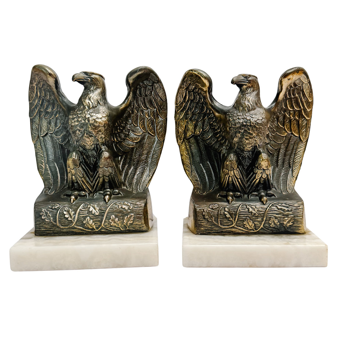 Vintage Heavy Solid Brass American Eagle Bookends on Alabaster Bases