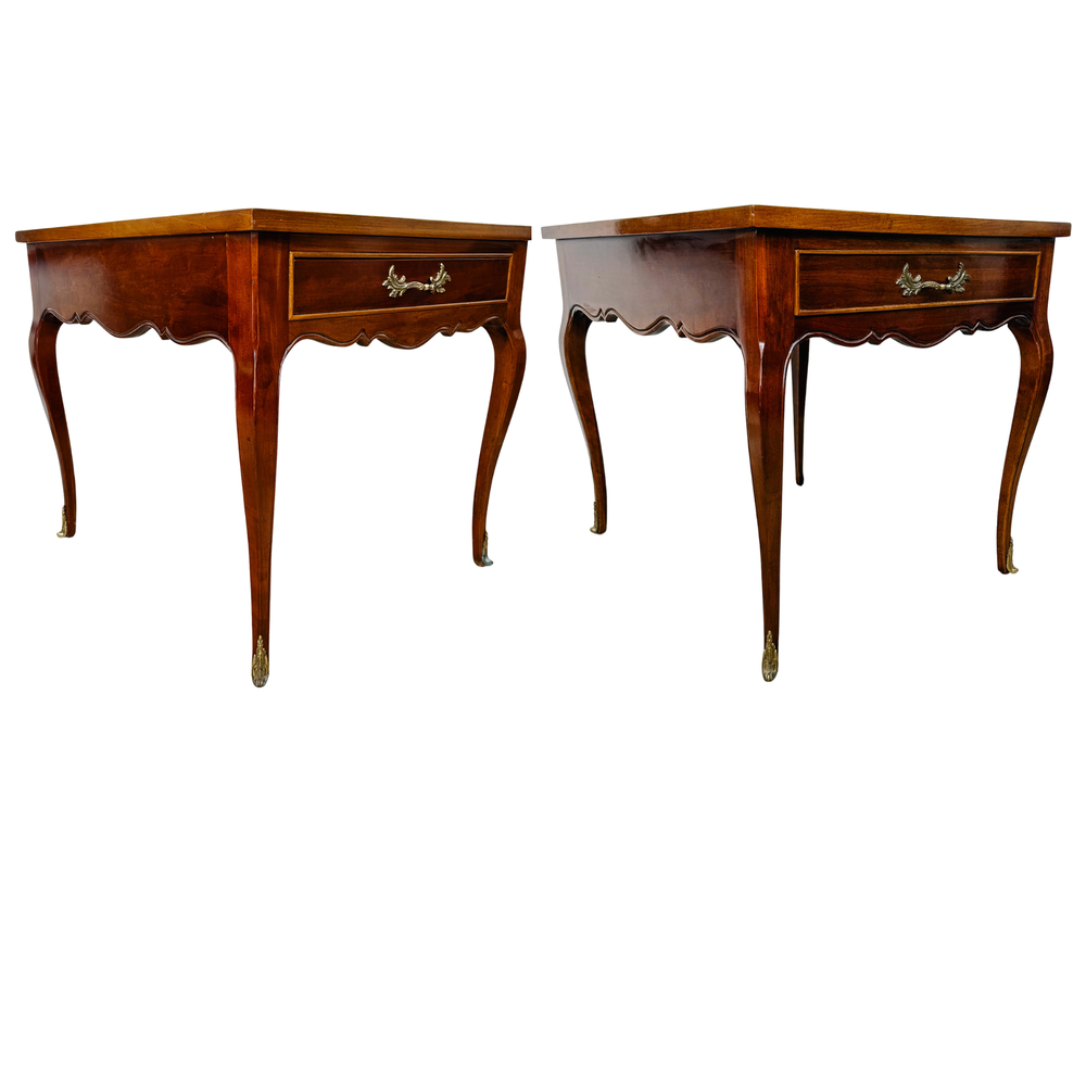 High-Shine French Provincial-Style Inlaid Mahogany Side Tables by Sherrill Furniture
