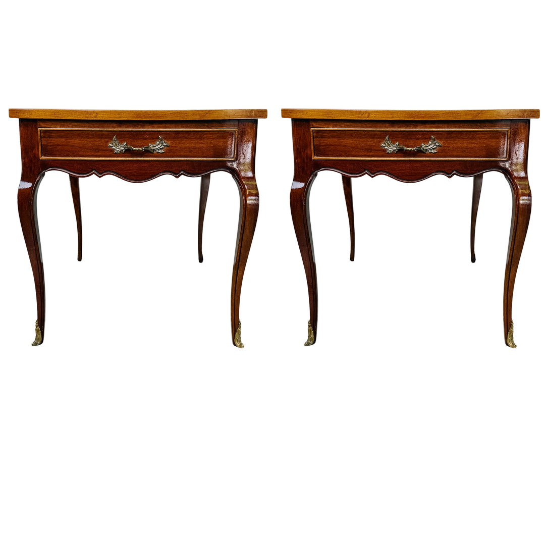 High-Shine French Provincial-Style Inlaid Mahogany Side Tables by Sherrill Furniture