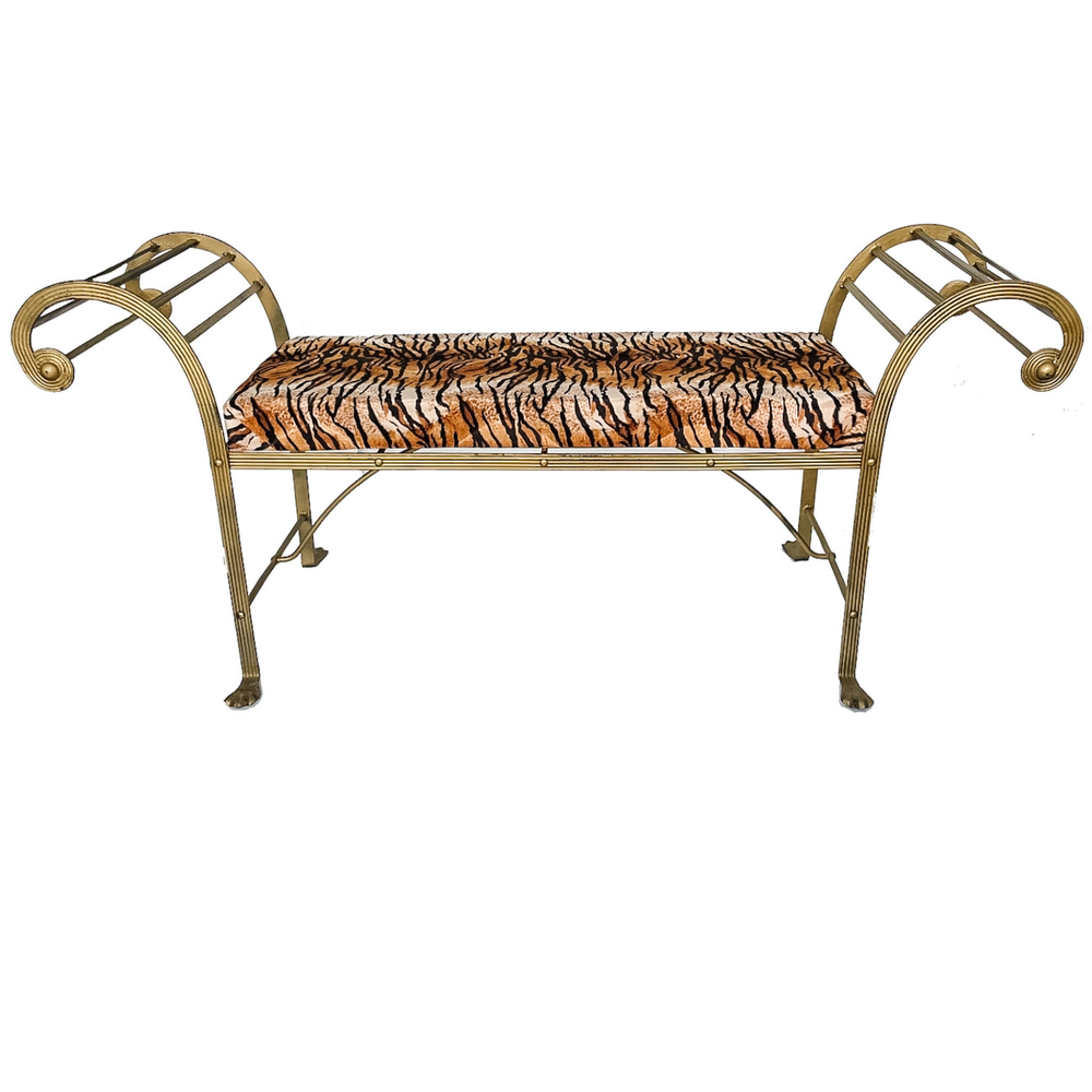 Vintage Hollywood Regency Gilt Metal Pagoda Bench With Tiger Print Upholstery and Paw Feet