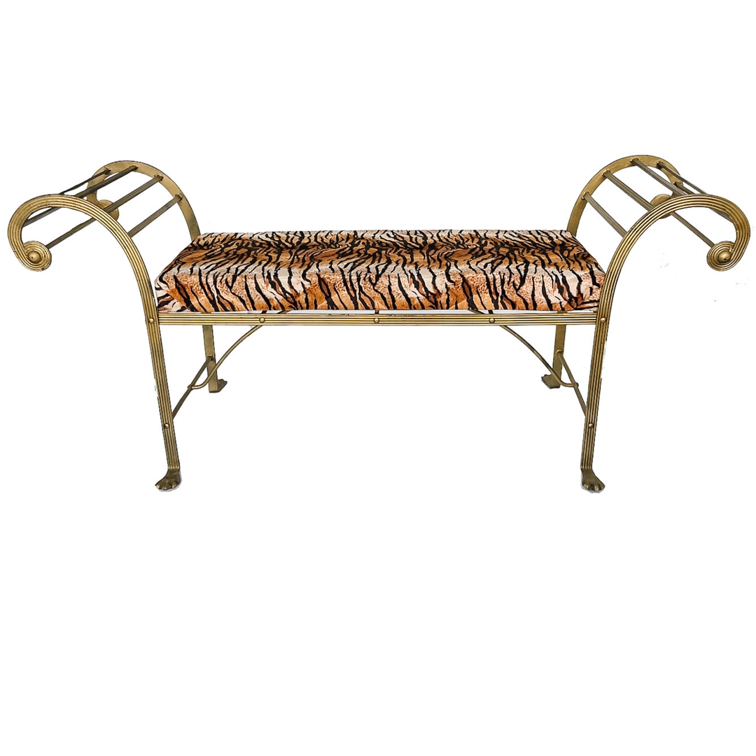 Vintage Hollywood Regency Gilt Metal Pagoda Bench With Tiger Print Upholstery and Paw Feet