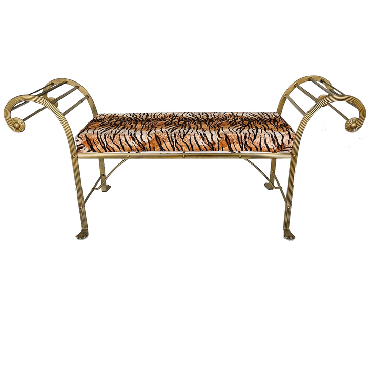 Vintage Hollywood Regency Gilt Metal Pagoda Bench With Tiger Print Upholstery and Paw Feet
