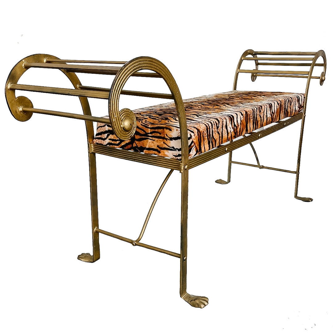 Vintage Hollywood Regency Gilt Metal Pagoda Bench With Tiger Print Upholstery and Paw Feet