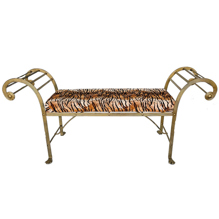 Vintage Hollywood Regency Gilt Metal Pagoda Bench With Tiger Print Upholstery and Paw Feet