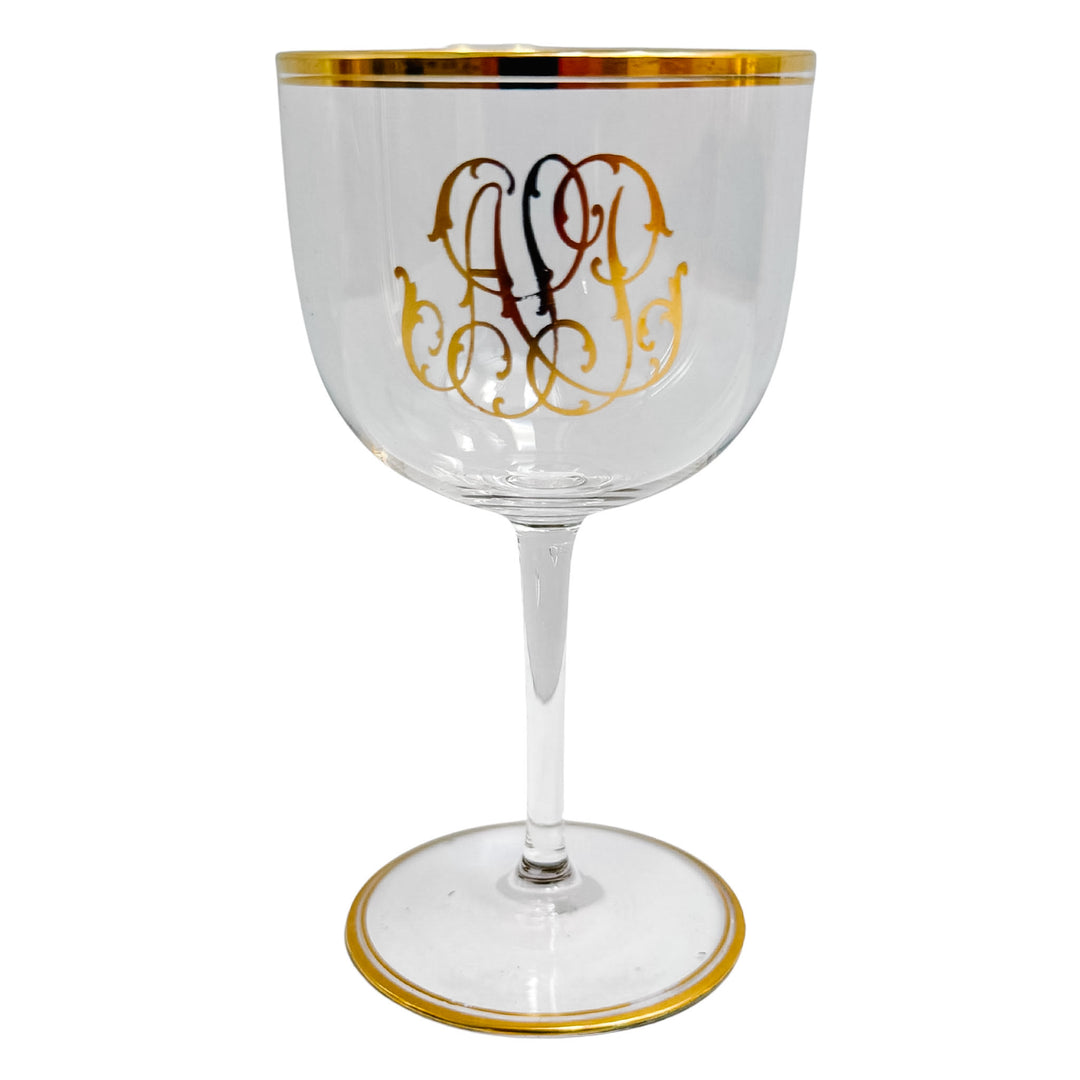 Vintage Hollywood Regency Gold Monogrammed Crystal Wine Glasses, Set of 8