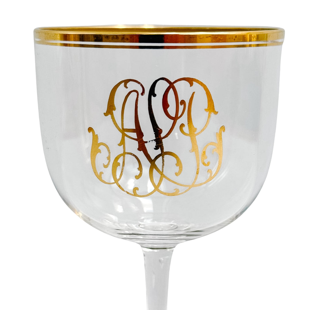 Vintage Hollywood Regency Gold Monogrammed Crystal Wine Glasses, Set of 8