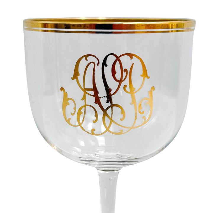 Vintage Hollywood Regency Gold Monogrammed Crystal Wine Glasses, Set of 8