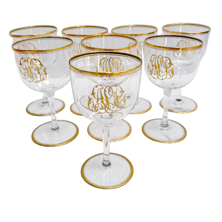 Vintage Hollywood Regency Gold Monogrammed Crystal Wine Glasses, Set of 8