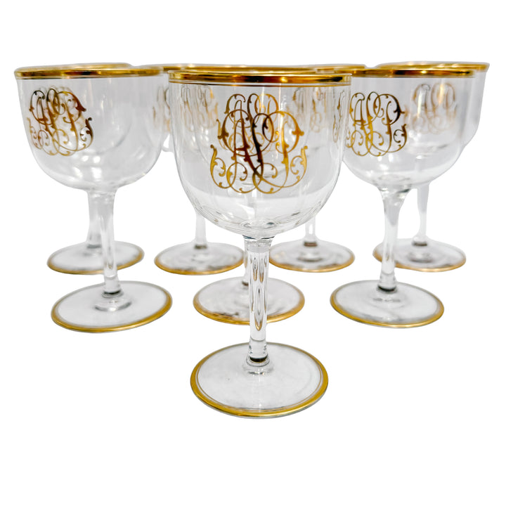 Vintage Hollywood Regency Gold Monogrammed Crystal Wine Glasses, Set of 8