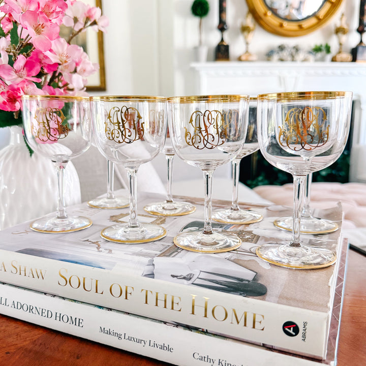 Vintage Hollywood Regency Gold Monogrammed Crystal Wine Glasses, Set of 8