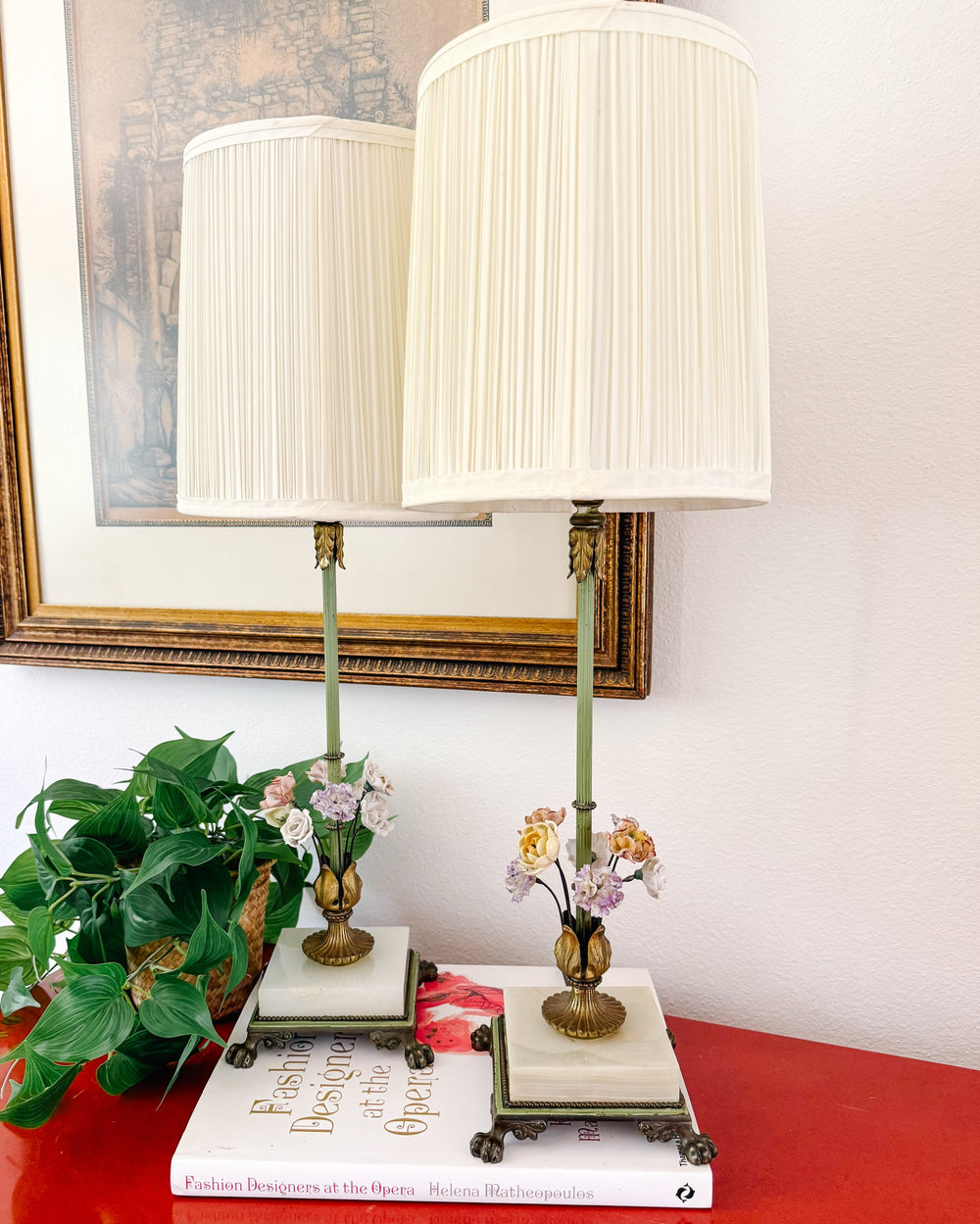 Pair of Hollywood Regency Porcelain Flower Table Lamps With Alabaster Bases by Almco