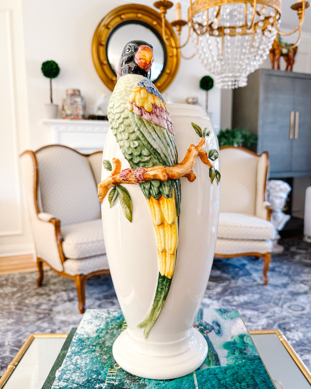 Vintage Hollywood Regency Style Porcelain Parrot Vase by Oggetti