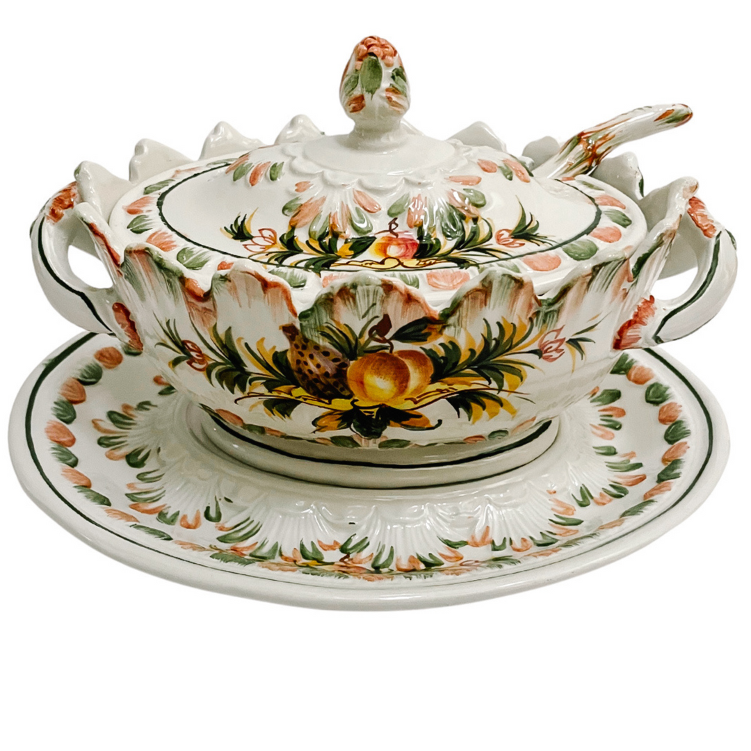 Vintage Italian Faience Small Tureen With Underplate and Ladle