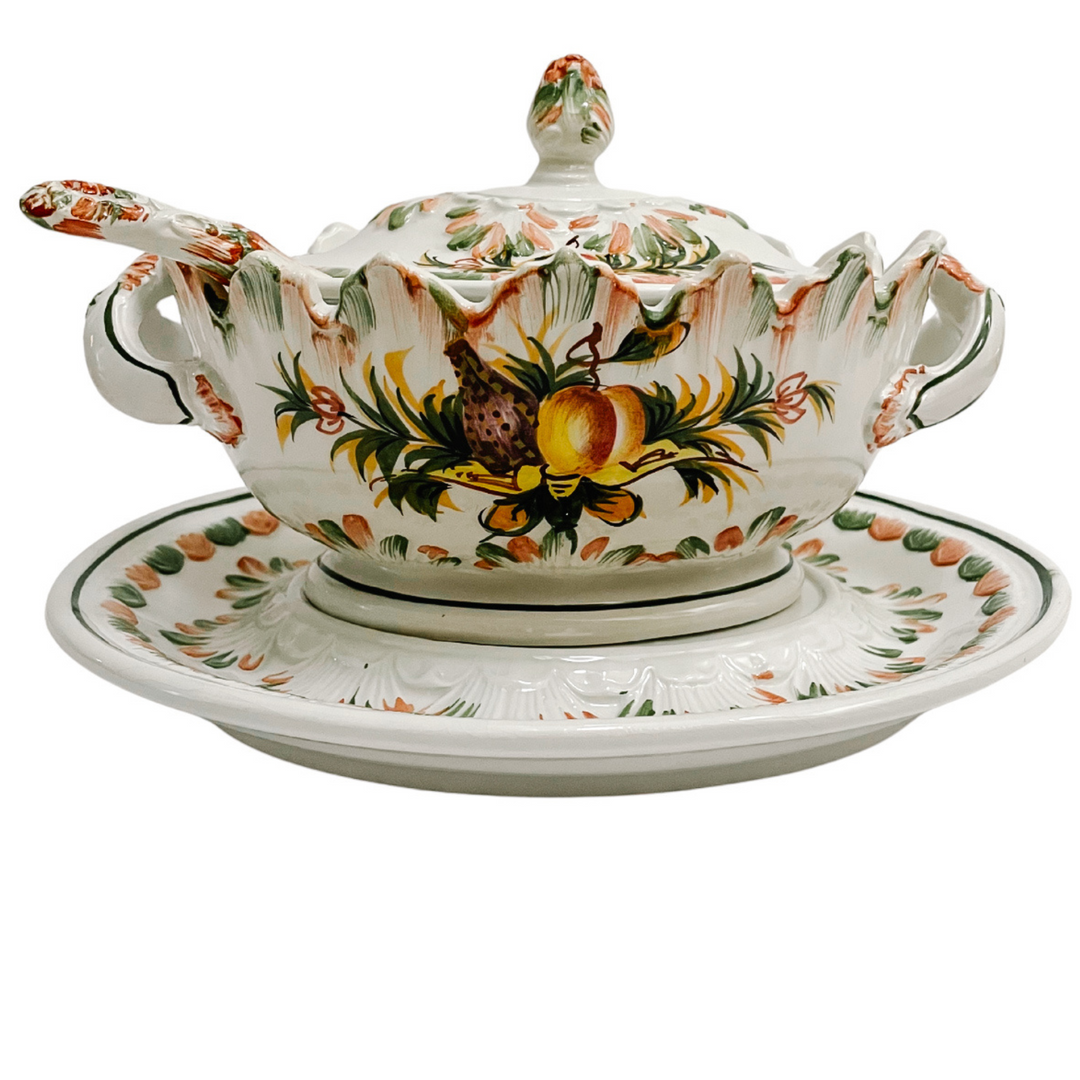 Vintage Italian Faience Small Tureen With Underplate and Ladle