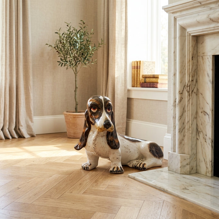 Italian Hand-Glazed Majolica Reclining Basset Hound Statue