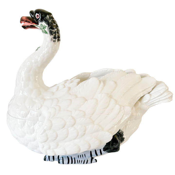 Italian Hand-Painted Ceramic Swan Tureen & Centerpiece in Meissen Style by Chelsea House