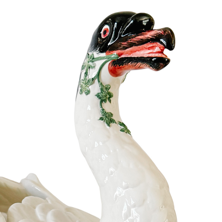 Italian Hand-Painted Ceramic Swan Tureen & Centerpiece in Meissen Style by Chelsea House