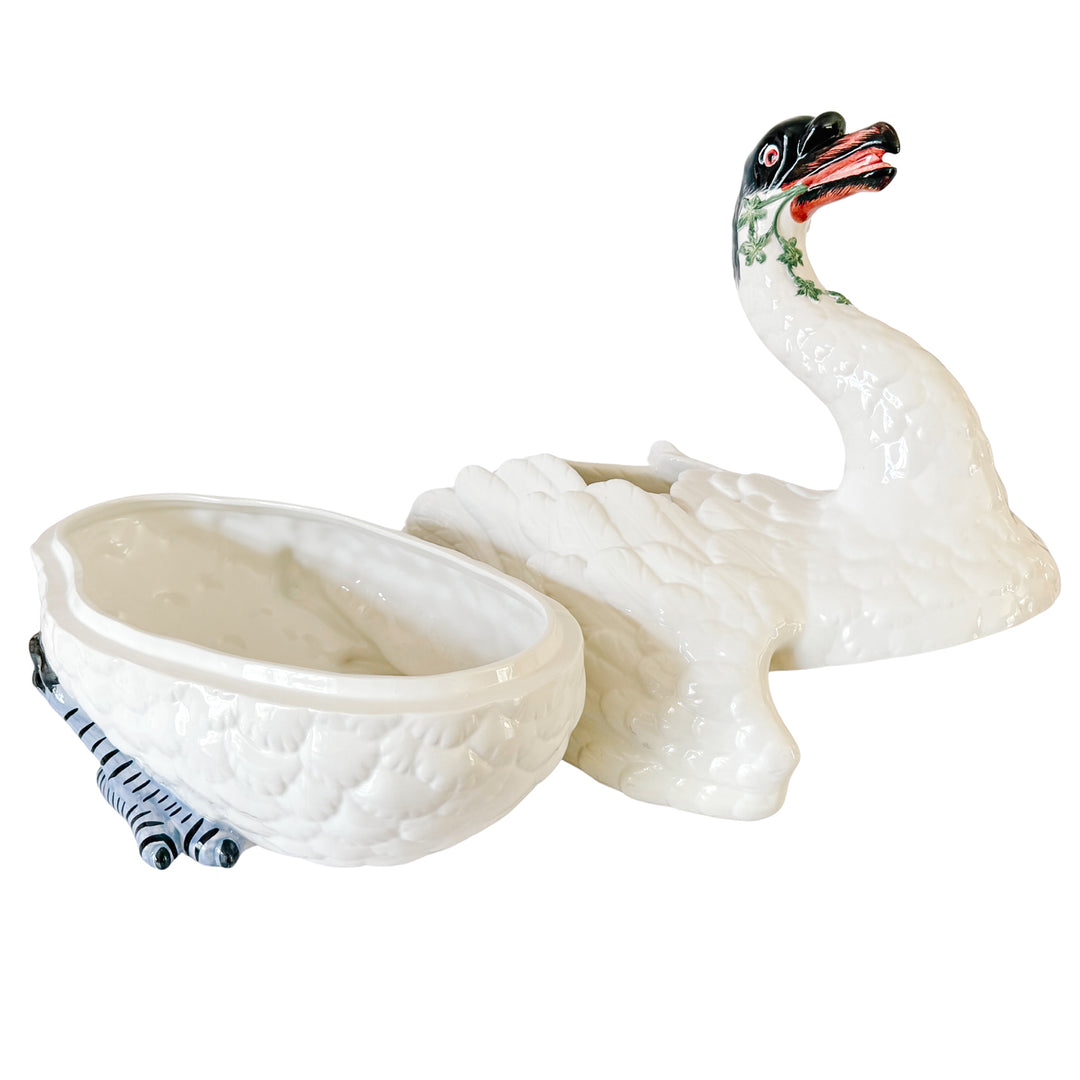 Italian Hand-Painted Ceramic Swan Tureen & Centerpiece in Meissen Style by Chelsea House