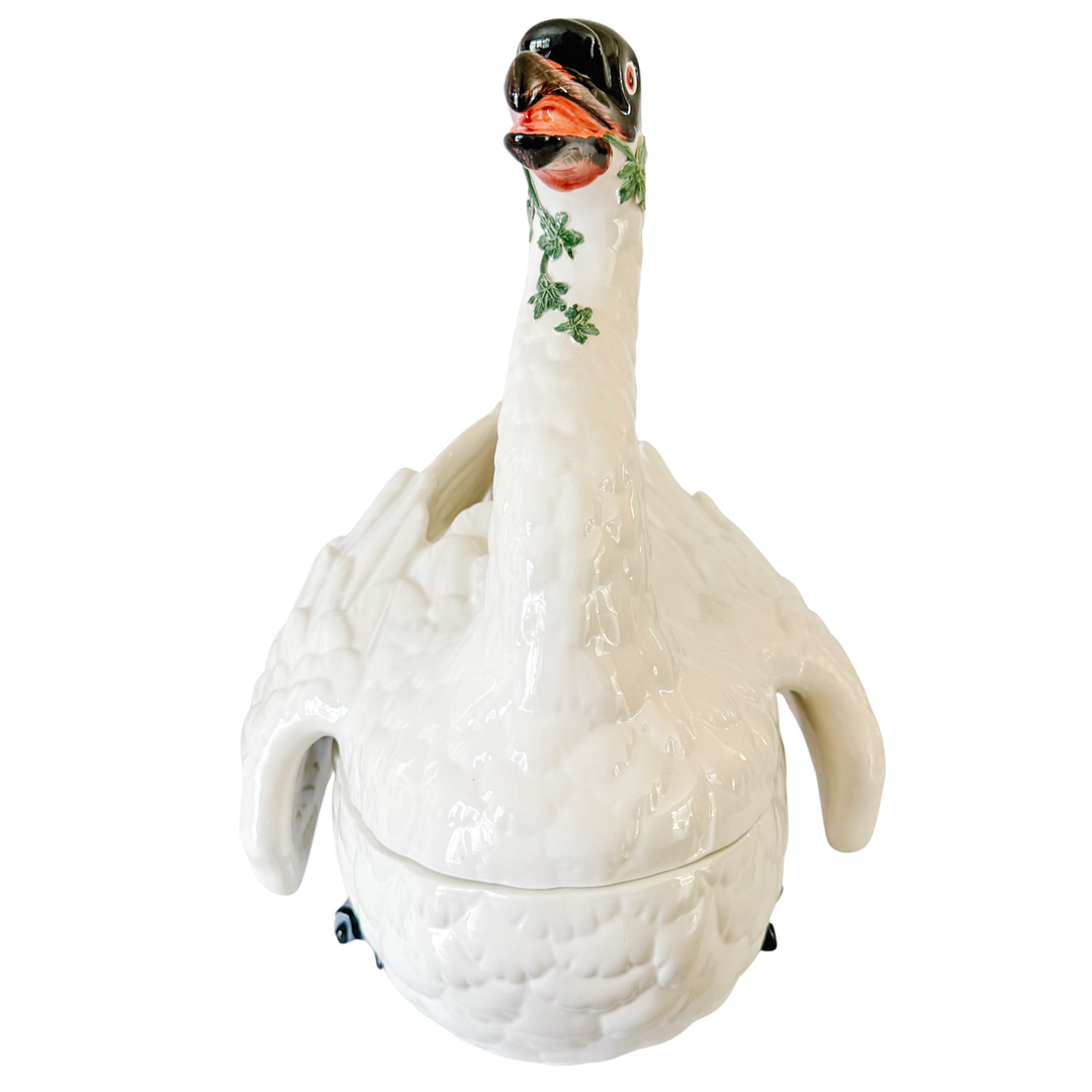 Italian Hand-Painted Ceramic Swan Tureen & Centerpiece in Meissen Style by Chelsea House