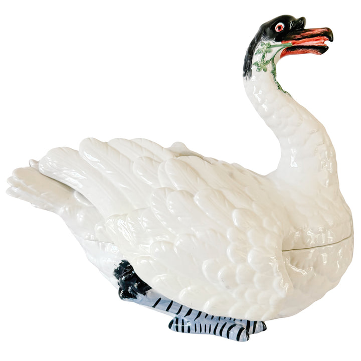 Italian Hand-Painted Ceramic Swan Tureen & Centerpiece in Meissen Style by Chelsea House