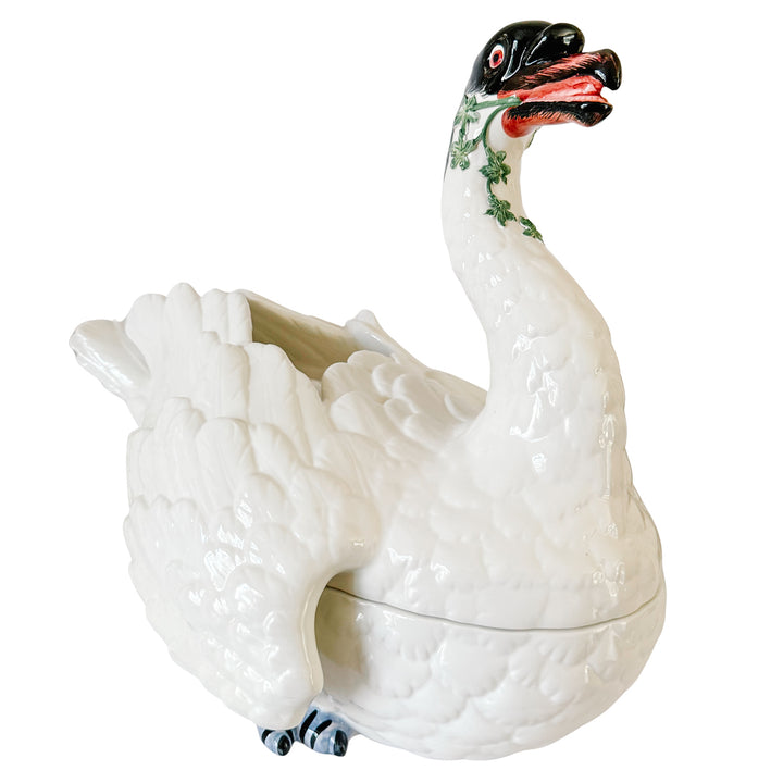 Italian Hand-Painted Ceramic Swan Tureen & Centerpiece in Meissen Style by Chelsea House