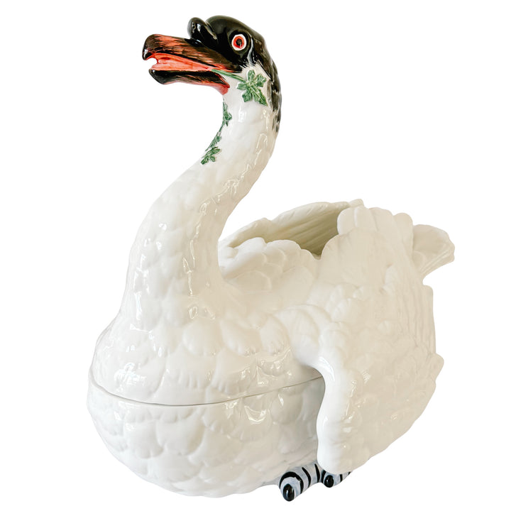 Italian Hand-Painted Ceramic Swan Tureen & Centerpiece in Meissen Style by Chelsea House