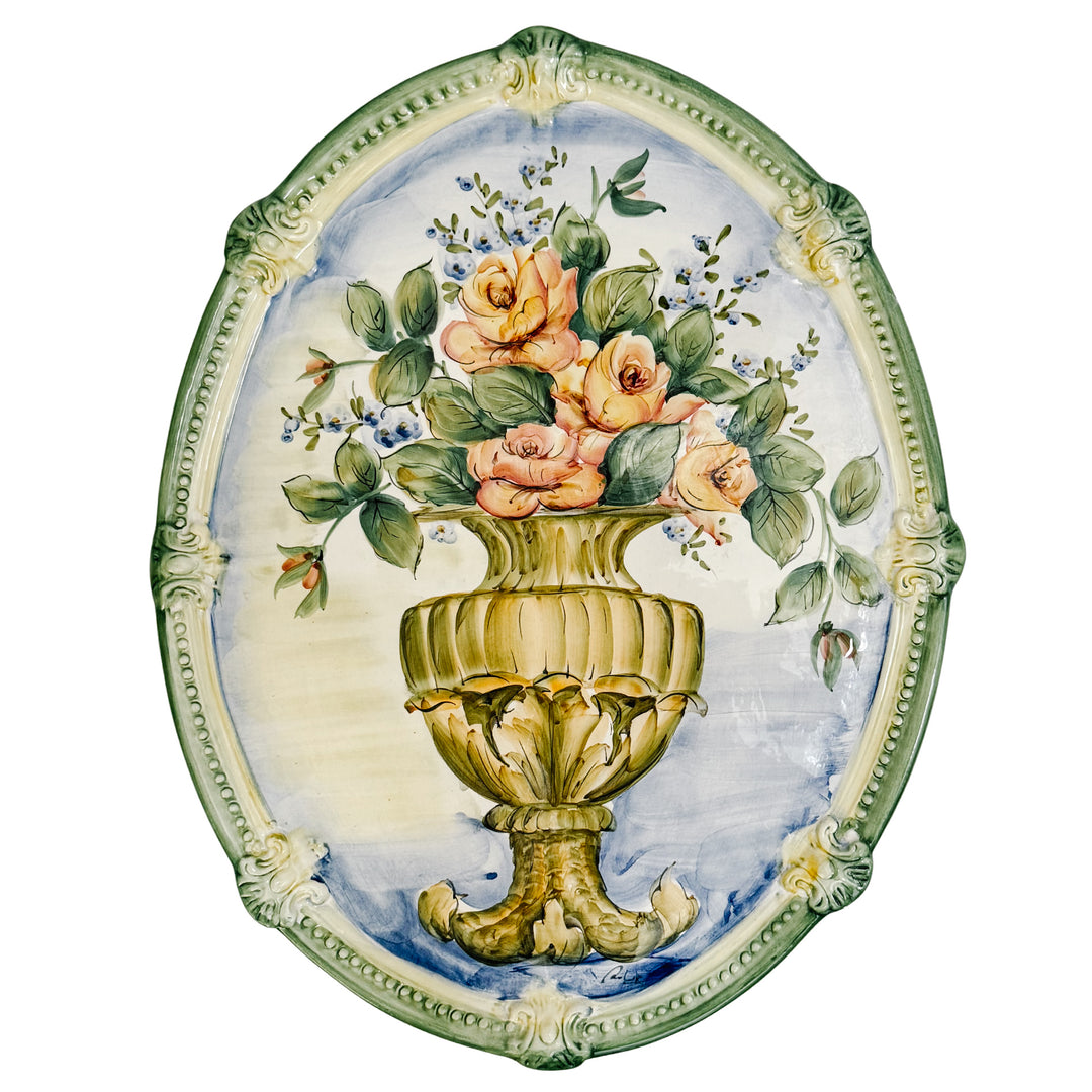 Vintage Italian Hand Painted Faience Oval Floral Wall Plaque