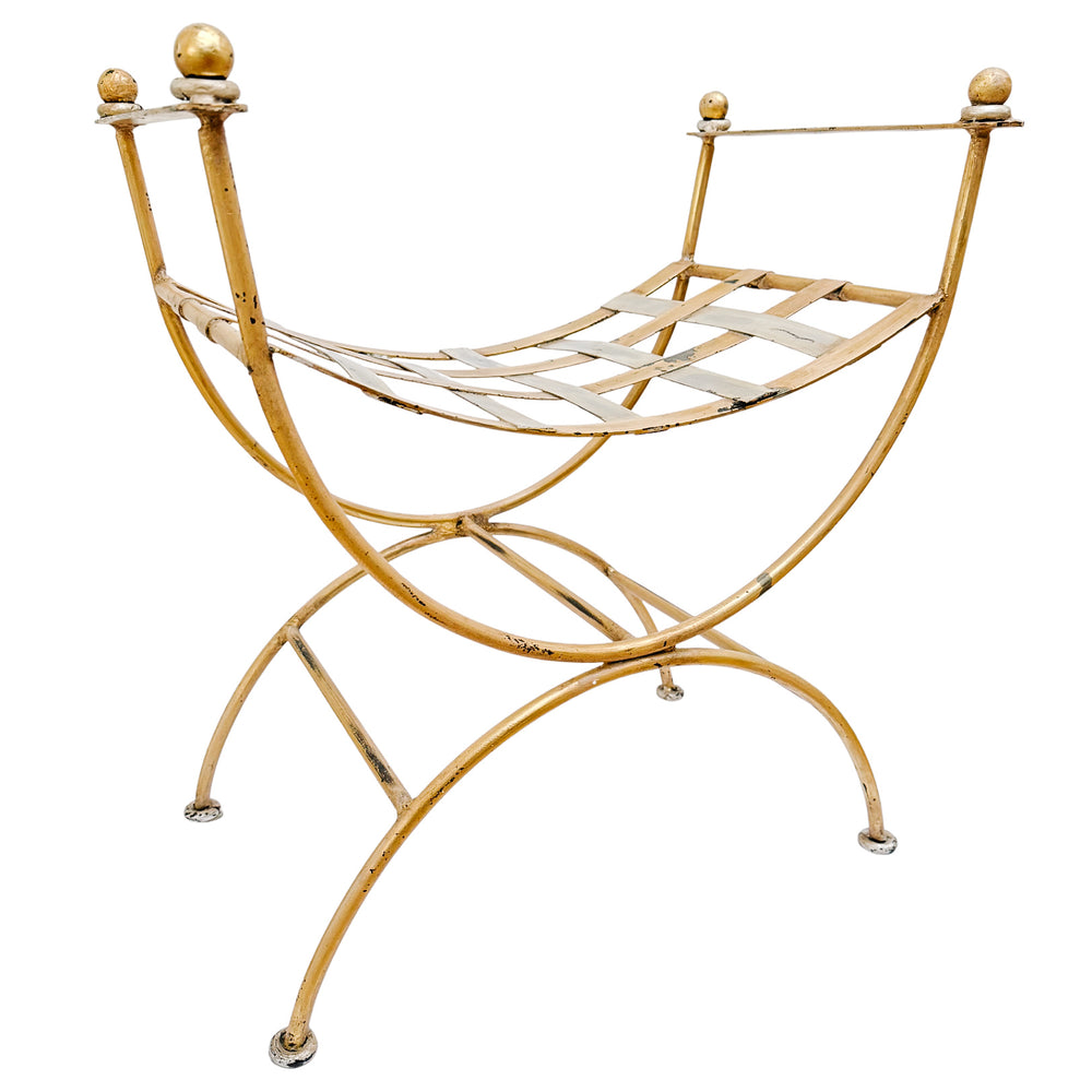 Vintage Italian Hollywood Regency Gilded Wrought Iron Curule or Savonarola Vanity Stool