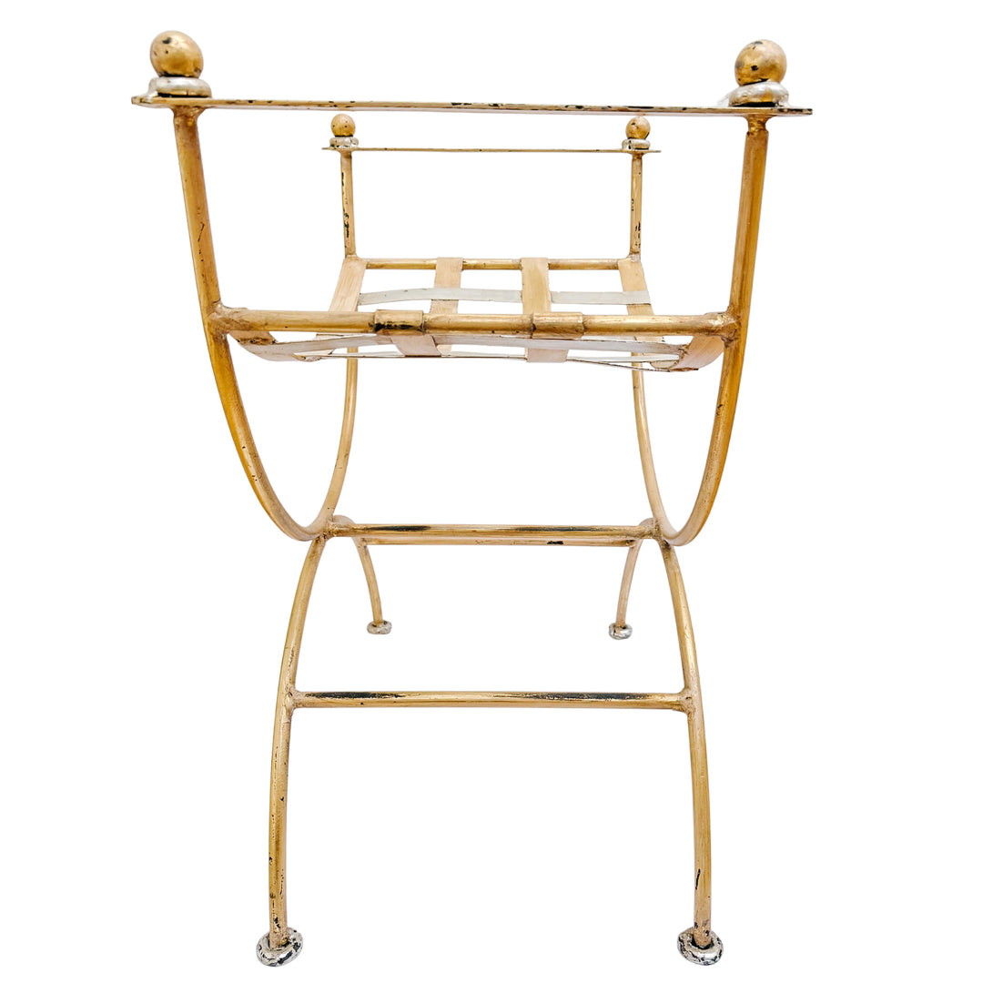 Vintage Italian Hollywood Regency Gilded Wrought Iron Curule or Savonarola Vanity Stool