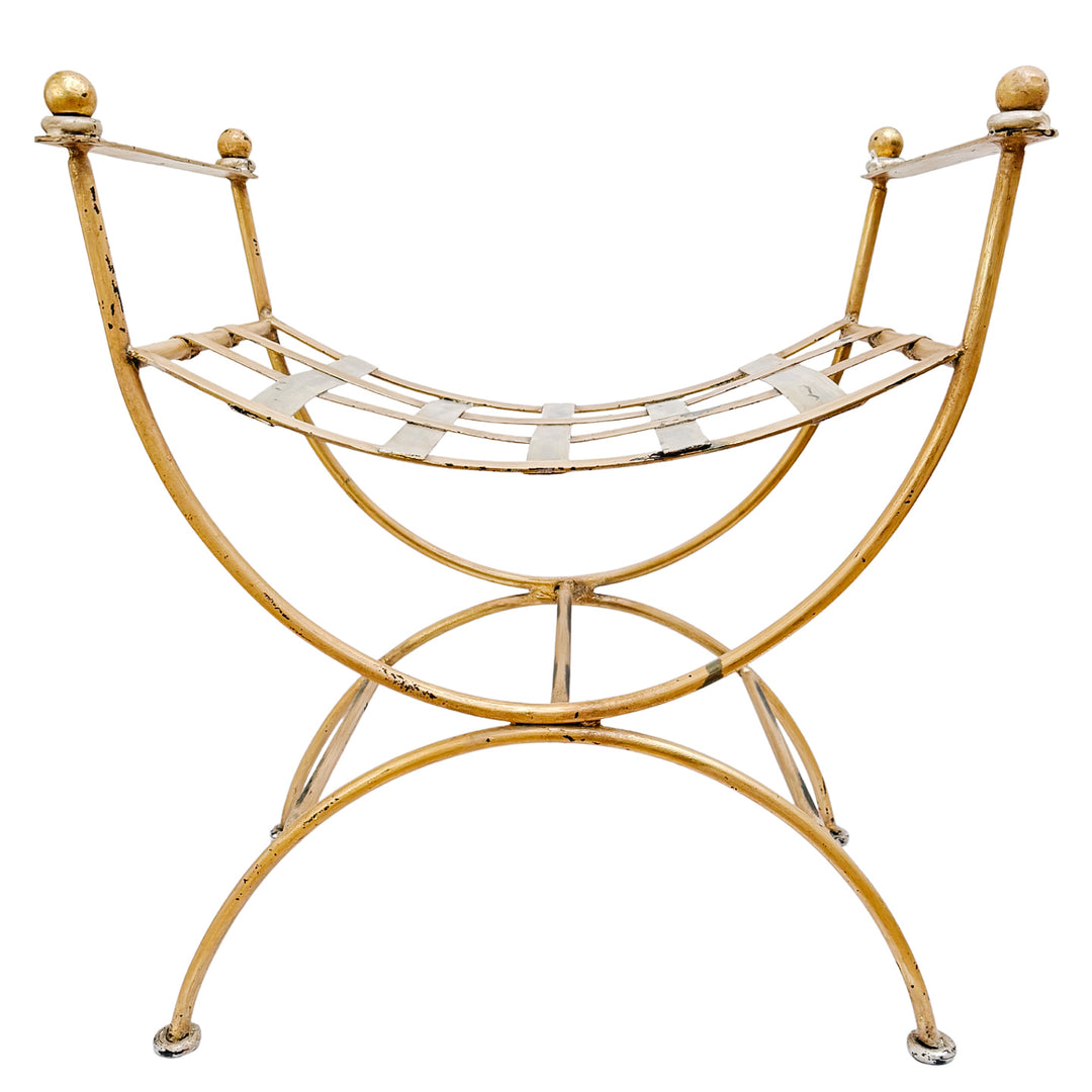 Vintage Italian Hollywood Regency Gilded Wrought Iron Curule or Savonarola Vanity Stool