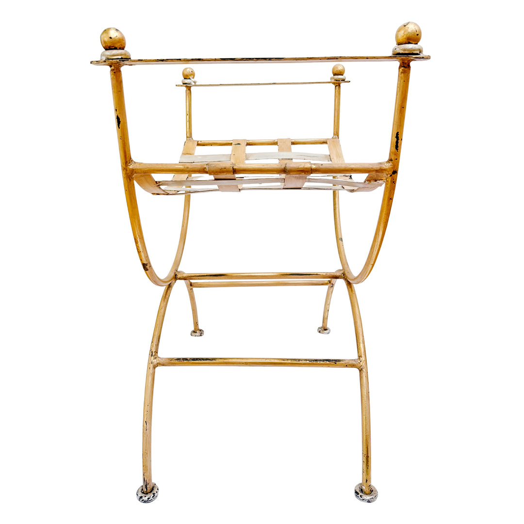 Vintage Italian Hollywood Regency Gilded Wrought Iron Curule or Savonarola Vanity Stool