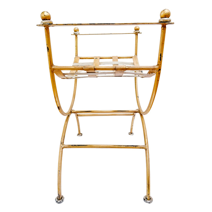 Vintage Italian Hollywood Regency Gilded Wrought Iron Curule or Savonarola Vanity Stool