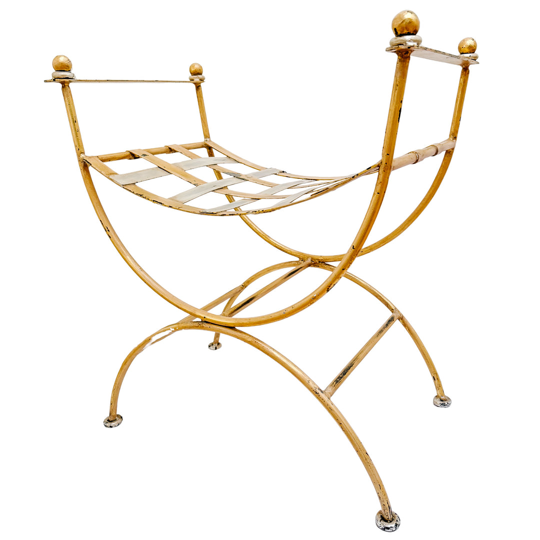 Vintage Italian Hollywood Regency Gilded Wrought Iron Curule or Savonarola Vanity Stool