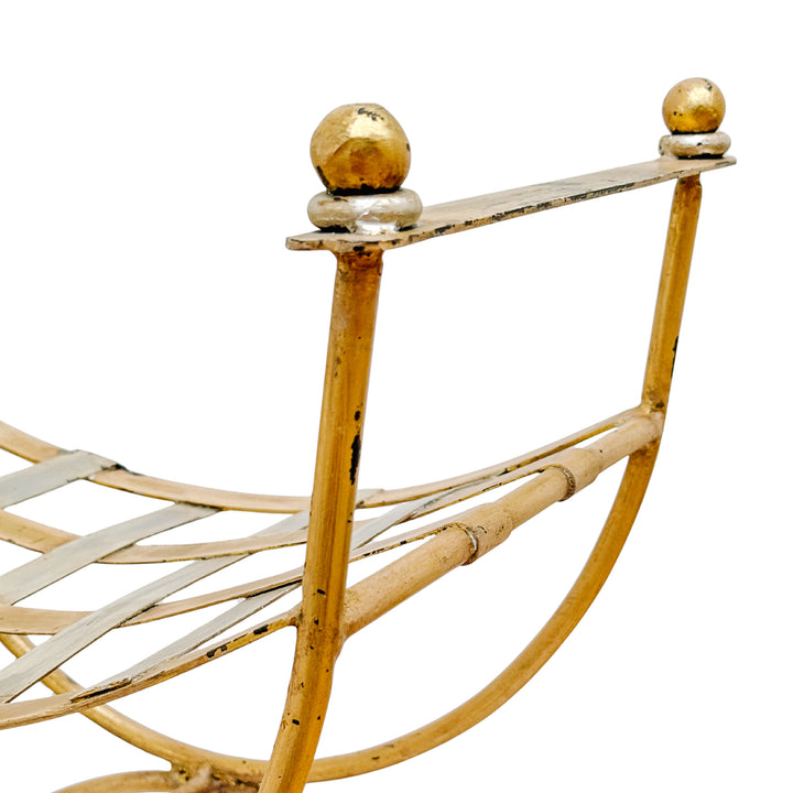 Vintage Italian Hollywood Regency Gilded Wrought Iron Curule or Savonarola Vanity Stool