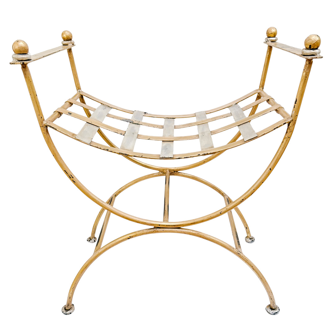 Vintage Italian Hollywood Regency Gilded Wrought Iron Curule or Savonarola Vanity Stool