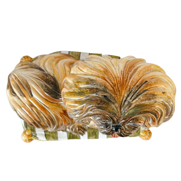 Vintage Italian Majolica Ceramic Pekingese / Shih Tzu Dog on Striped Pillow Statue