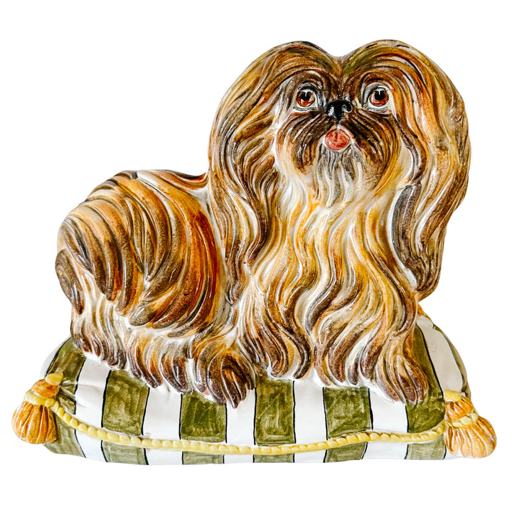 Vintage Italian Majolica Ceramic Pekingese / Shih Tzu Dog on Striped Pillow Statue