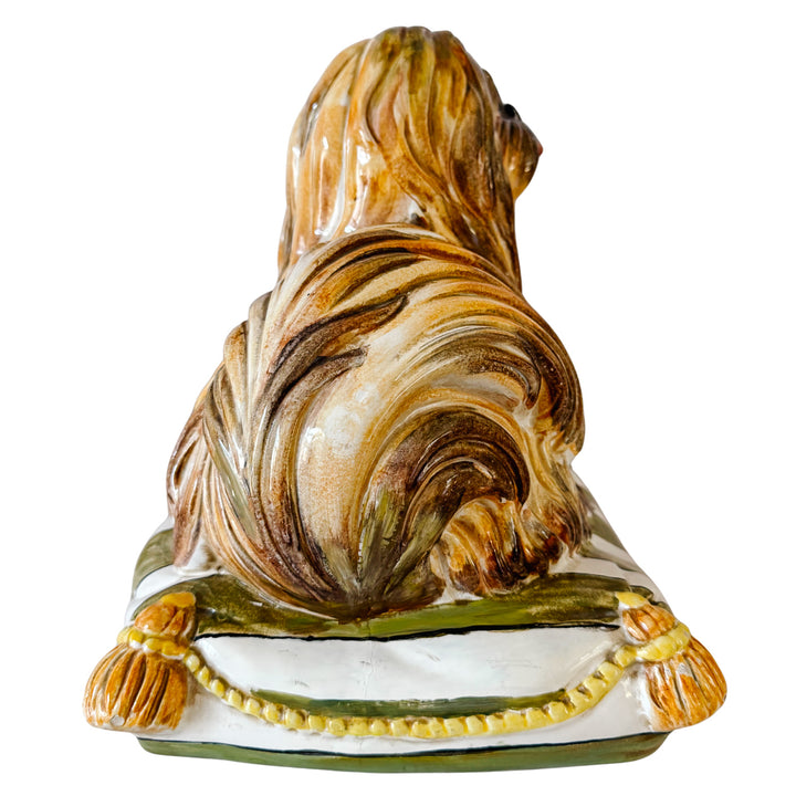 Vintage Italian Majolica Ceramic Pekingese / Shih Tzu Dog on Striped Pillow Statue