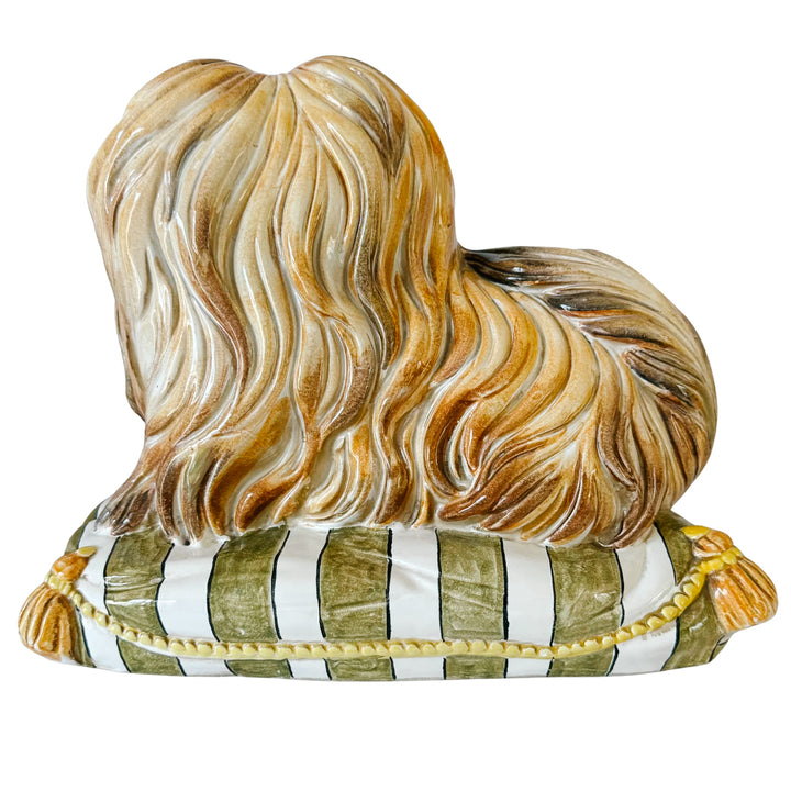 Vintage Italian Majolica Ceramic Pekingese / Shih Tzu Dog on Striped Pillow Statue