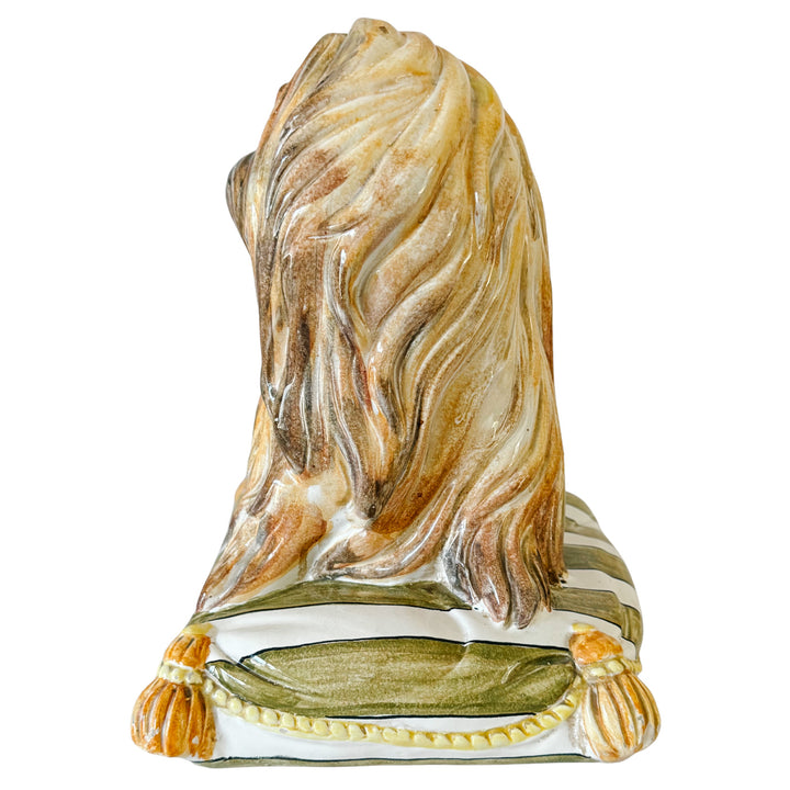 Vintage Italian Majolica Ceramic Pekingese / Shih Tzu Dog on Striped Pillow Statue