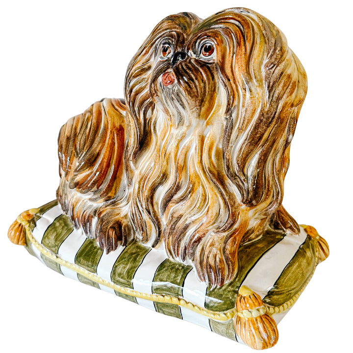 Vintage Italian Majolica Ceramic Pekingese / Shih Tzu Dog on Striped Pillow Statue