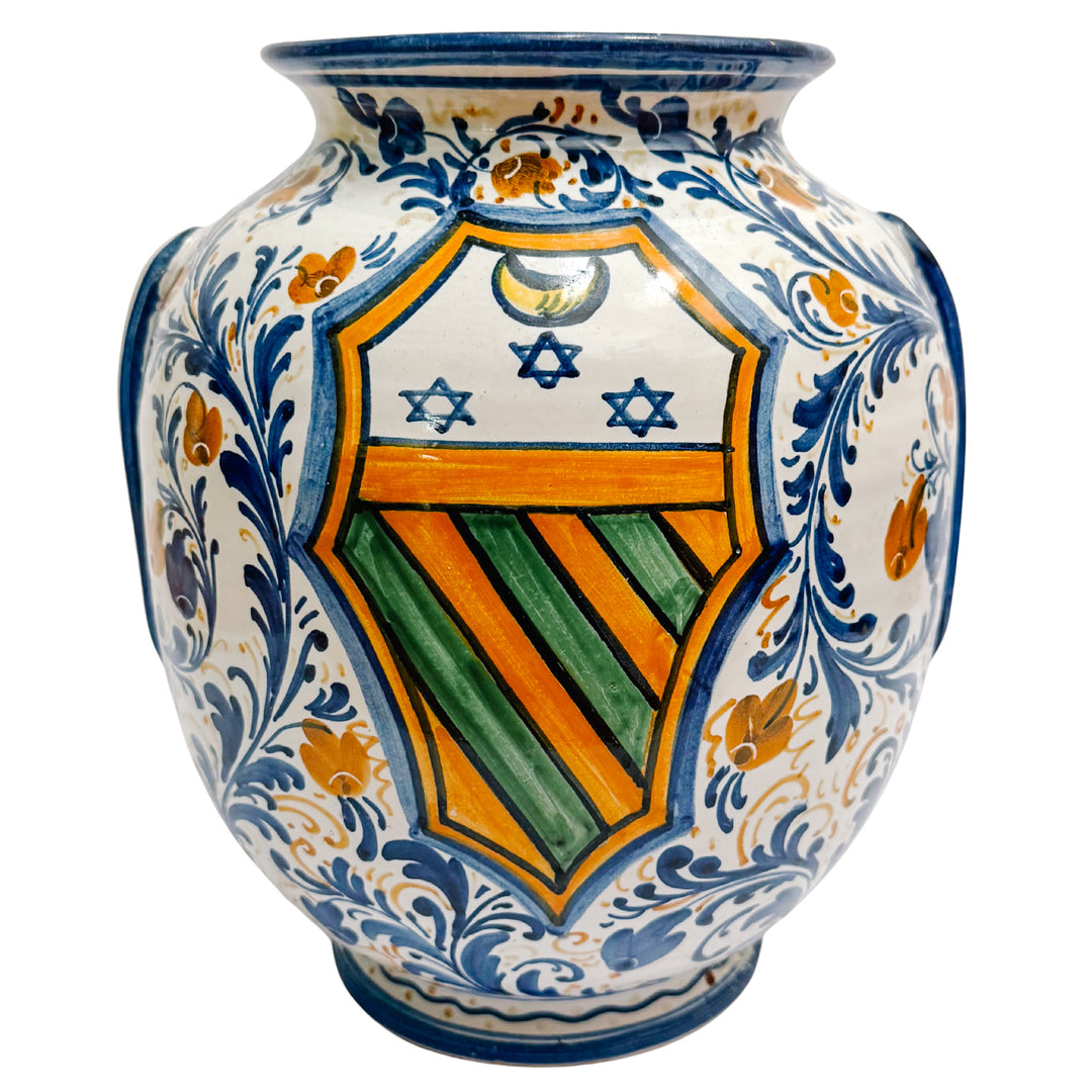 Vintage Italian Majolica Ceramic Vase With Heraldic Crest & Floral Scrollwork